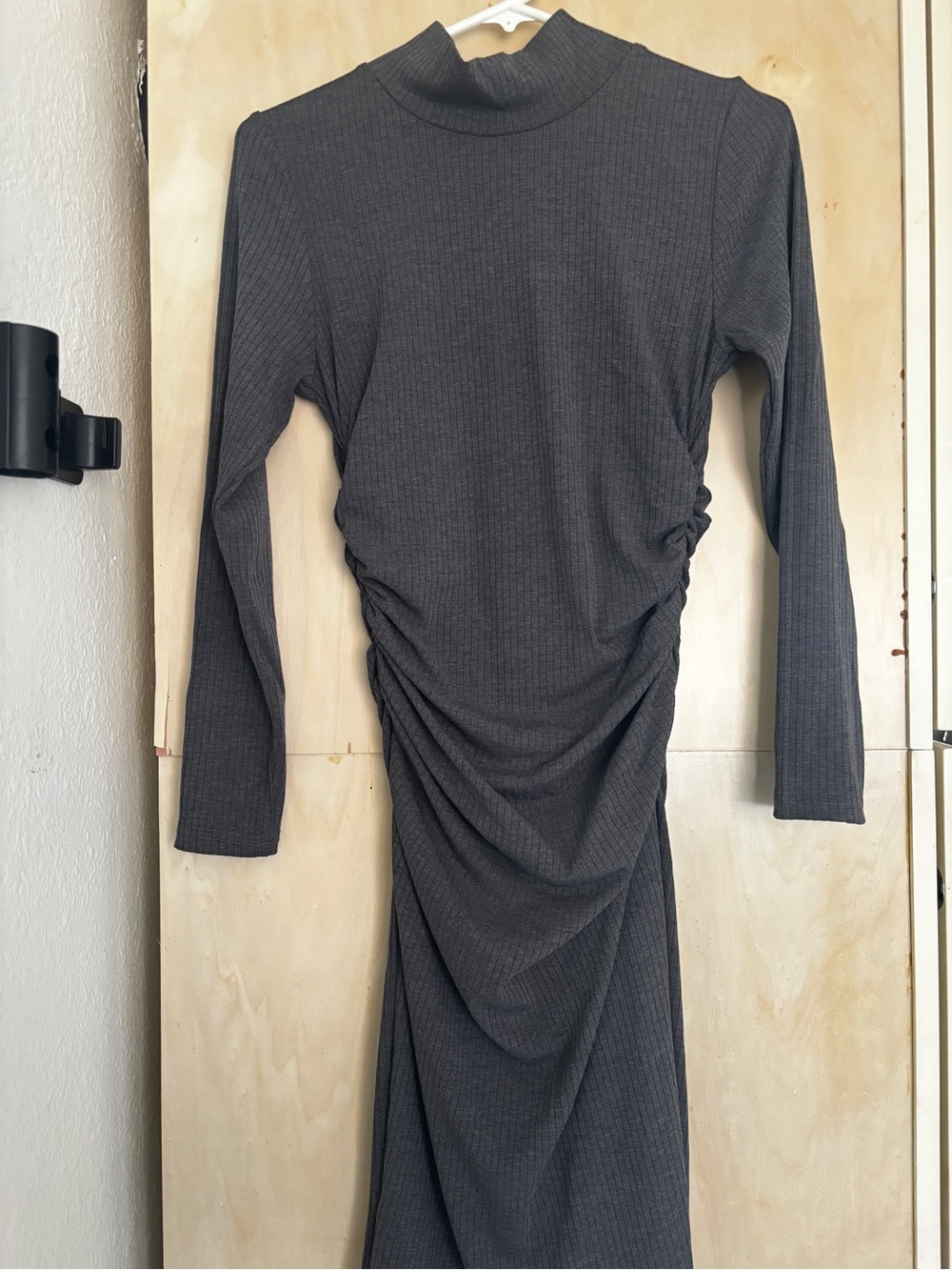 Charcoal Mock Neck Ruched Long Sleeve Midi Dress